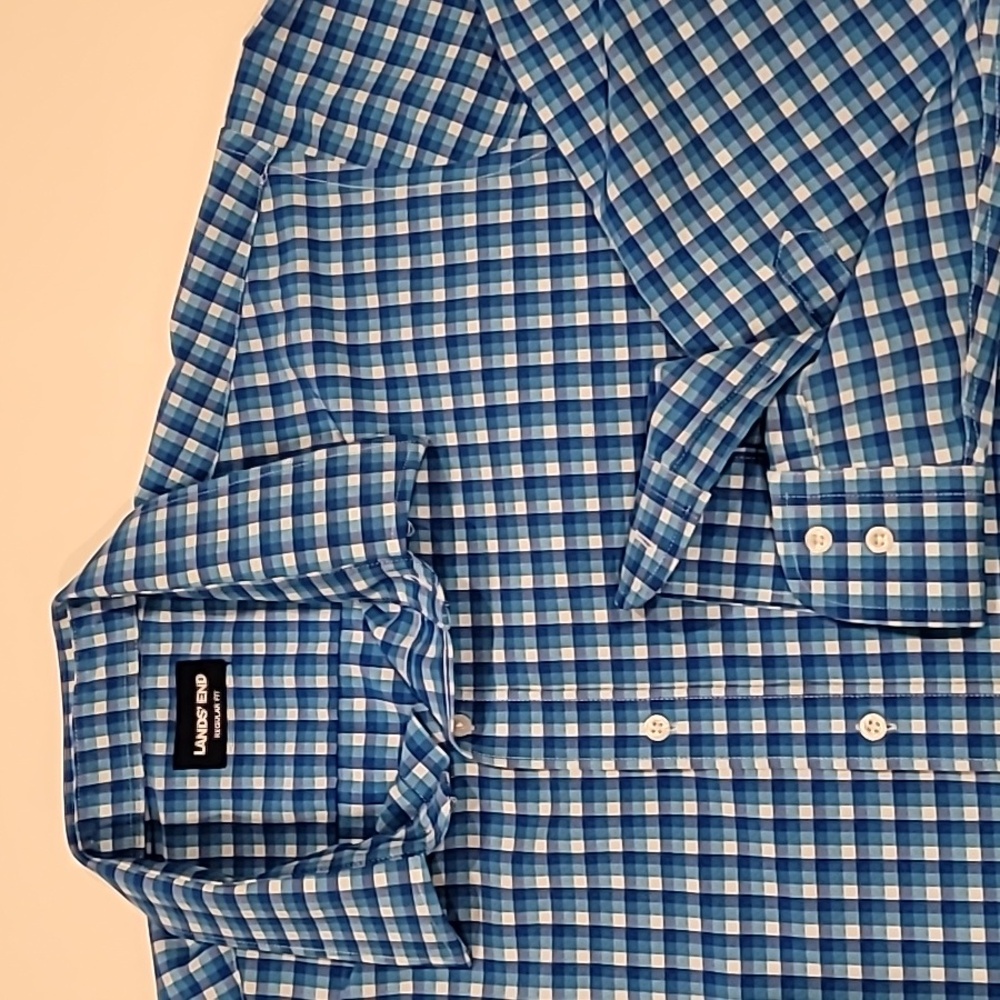 Lands' End Plaid Regular Fit Shirt Blue Teal White 18-18.5 34-351 - Picture 5 of 10